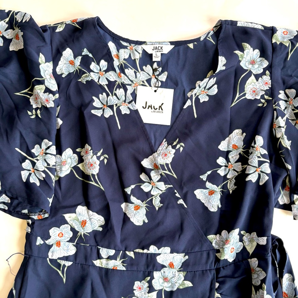 Jack BB Dakota Women's Large Navy Floral Dress Flutter Sleeves Mini Length Belt